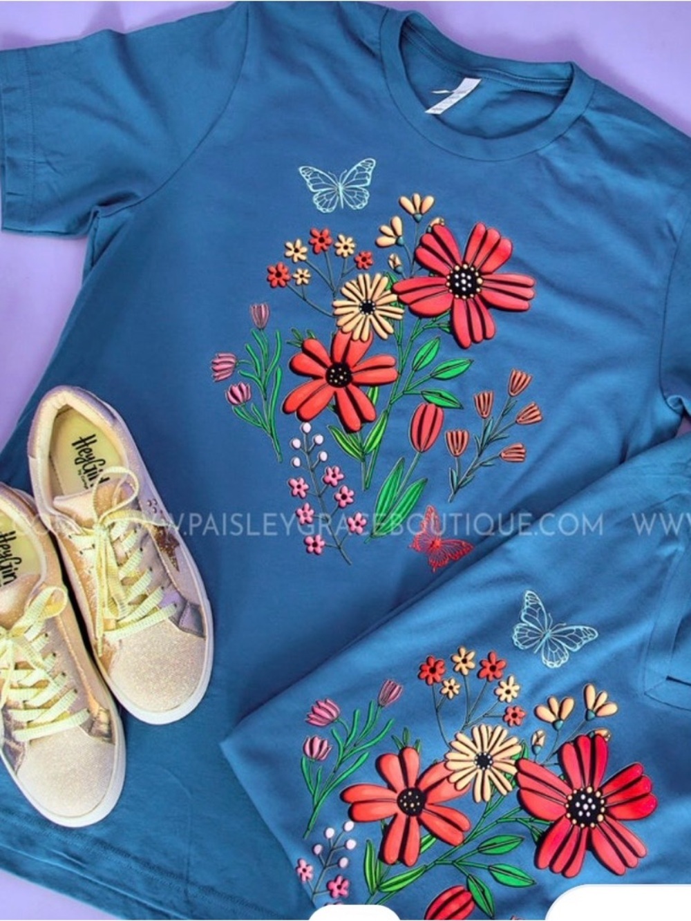Boho Floral & Butterfly Graphic V-Neck Tee